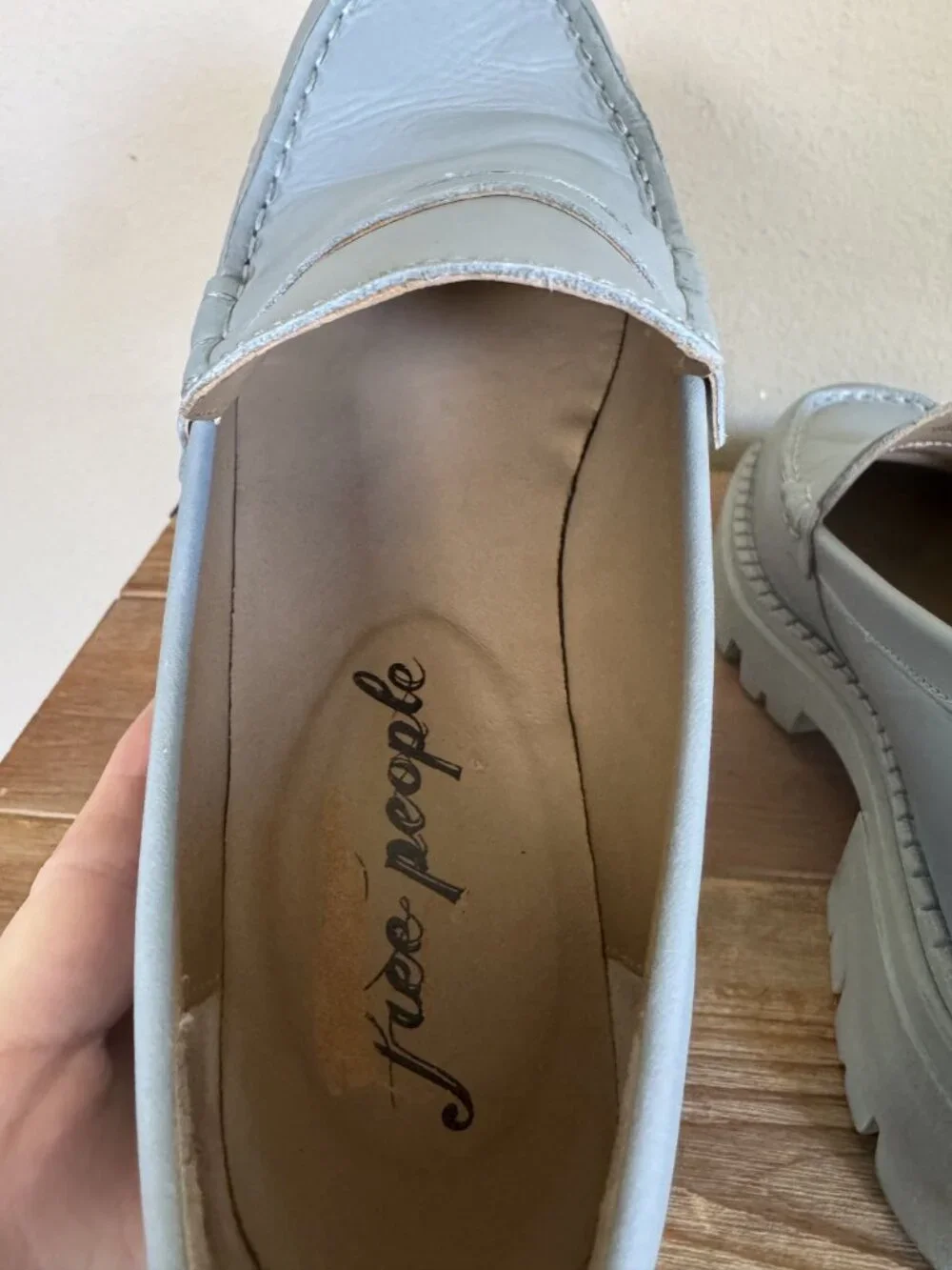 Free People Lyra Dusty Blue Genuine Leather Platform Lug Sole Loafer Size 8/38.5